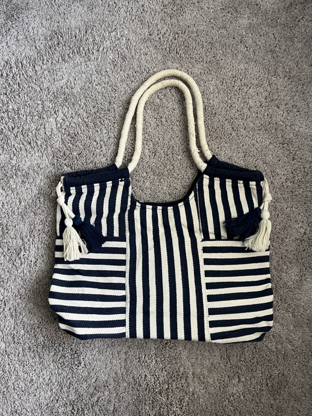 Navy & Cream Striped Tote Bag with Rope Handles